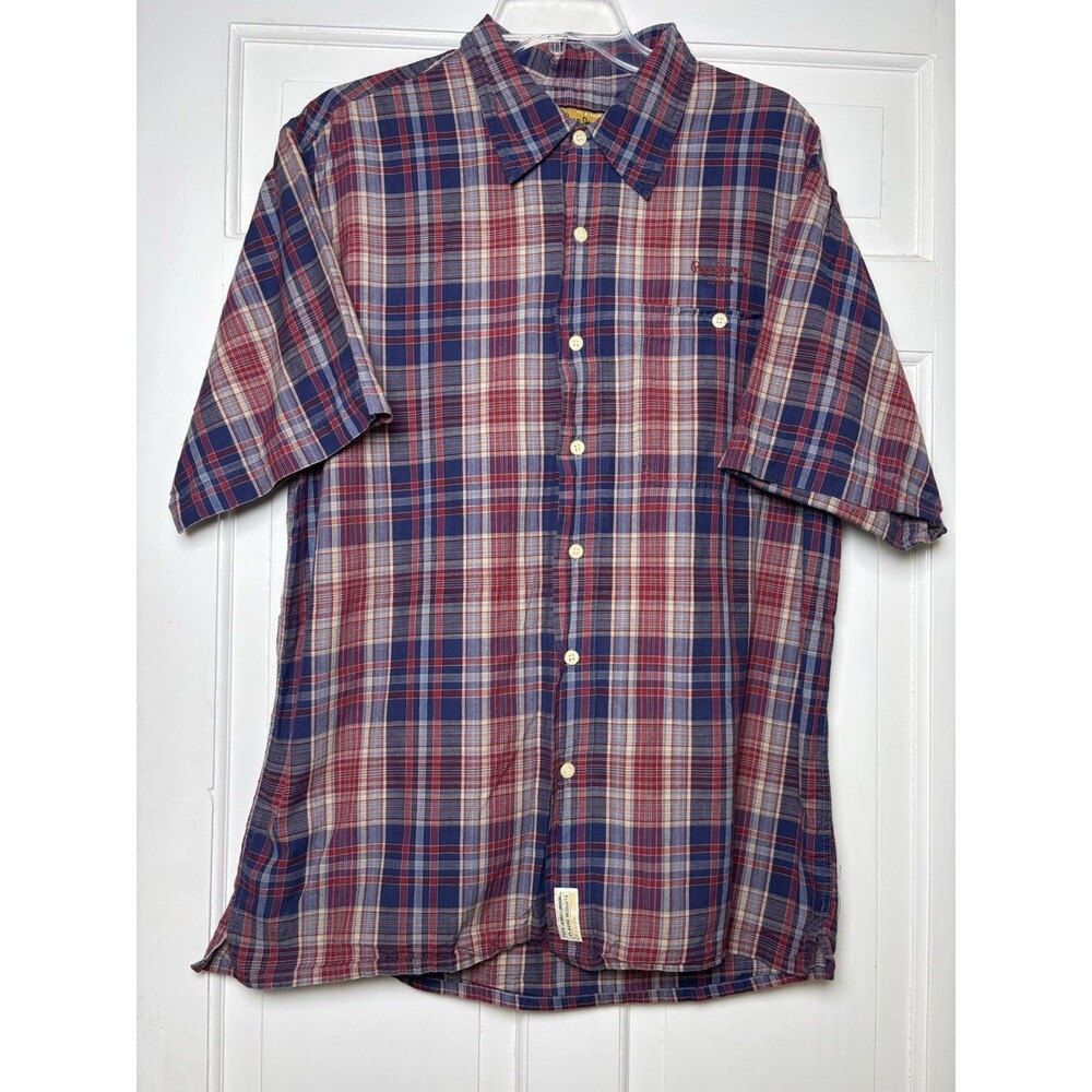 Pepe Jeans London Short Sleeve Button Shirt Blue/Red Plaid Men’s L Vintage-Style